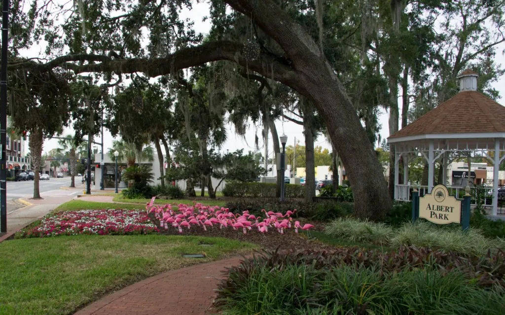 Albert Park in College Park with a white gazebo, tree-lined paths, and community charm