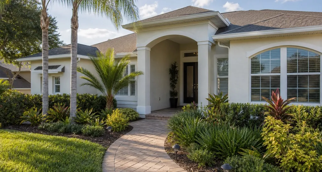 Central Florida home entry with palms