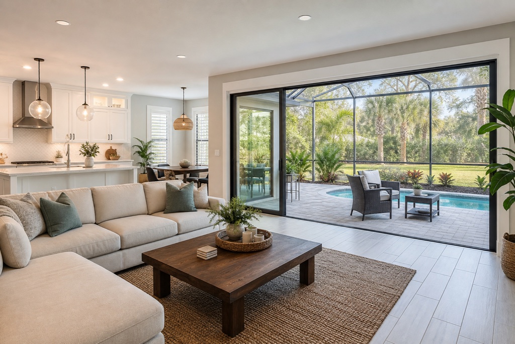 Florida home interior with open living area and pool view